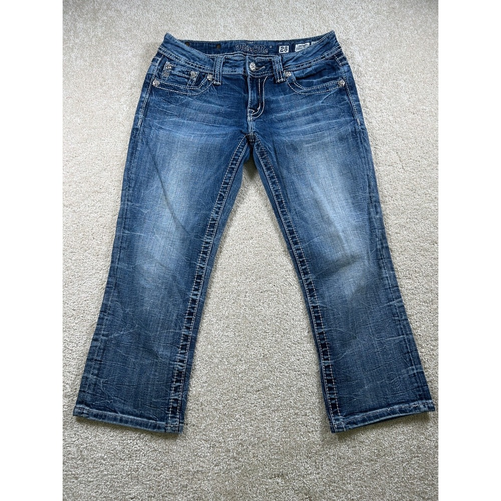 Miss Me Womens Size 28 Cuffed Capri‎ Jw5755P3 Thick Stitch Embellished